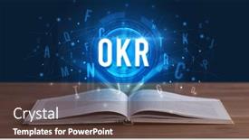  Presentation with digital book - Audience pleasing presentation design consisting of okr-inscription-coming-out backdrop and a tawny brown colored foreground