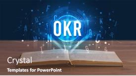  Presentation with digital book - Cool new PPT theme with okr-inscription-coming-out backdrop and a tawny brown colored foreground
