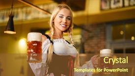  Presentation with waitress - Cool new slide deck with oktoberfest beers - young waitress with beer mugs backdrop and a tawny brown colored foreground