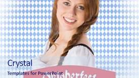  Presentation with oktoberfest - Cool new PPT layouts with oktoberfest girl smiling at camera against blue pattern backdrop and a sky blue colored foreground