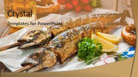  Presentation with oktoberfest menu - Presentation theme consisting of oktoberfest menu grilled mackerel fish background and a gold colored foreground