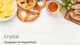  Presentation with oktoberfest - PPT layouts having oktoberfest set pretzels sausages meat and lager beer mug on wooden background with copy space top view flat lay background and a sky blue colored foreground
