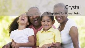  Presentation with grandparents - Amazing PPT theme having grandparents laughing with grandchildren backdrop and a light gray colored foreground