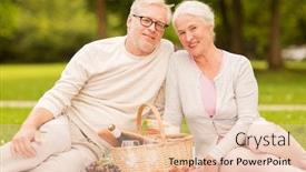  Presentation with old age - Audience pleasing slides consisting of old age holidays leisure and people concept - happy senior couple with picnic basket sitting on blanket at summer park backdrop and a lemonade colored foreground