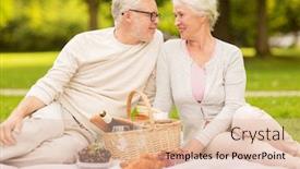  Presentation with old age - Presentation featuring old age holidays leisure and people concept - happy senior couple with picnic basket sitting on blanket at summer park background and a lemonade colored foreground