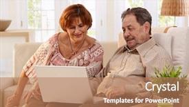  Presentation with elderly home - Beautiful presentation theme featuring old age homes - elderly couple using laptop computer backdrop and a coral colored foreground