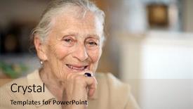  Presentation with old age - Cool new PPT theme with old age homes - happy senior woman portrait close-up backdrop and a coral colored foreground