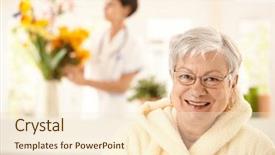  Presentation with old age - PPT theme enhanced with old age homes - portrait of happy elderly woman background and a cream colored foreground