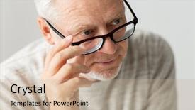  Presentation with old age - PPT layouts with old age problem and people concept - close up of senior man in glasses thinking background and a coral colored foreground