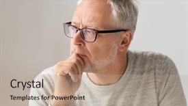  Presentation with old age - Presentation theme with old age problem and people concept - close up of senior man in glasses thinking background and a coral colored foreground