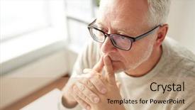  Presentation with old age - Theme having old age problem and people concept - close up of senior man in glasses thinking background and a coral colored foreground