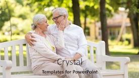  Presentation with old age - PPT layouts enhanced with old age relationship and people concept - happy senior couple sitting on bench at summer park background and a soft green colored foreground