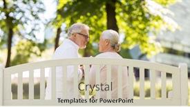  Presentation with old age - Theme with old age relationship and people concept - happy senior couple sitting on park bench background and a soft green colored foreground