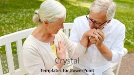  Presentation with old age - Presentation design having old age relationship and people concept - happy senior couple hugging in city park background and a soft green colored foreground