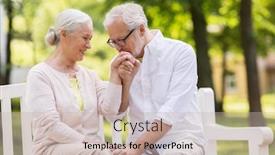  Presentation with relationship - Colorful presentation design enhanced with old age relationship and people concept - happy senior couple sitting on bench at summer park backdrop and a soft green colored foreground