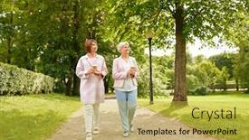  Presentation with retirement - Cool new theme with old age retirement and people concept - two senior women or friends drinking coffee walking along summer park backdrop and a yellow colored foreground
