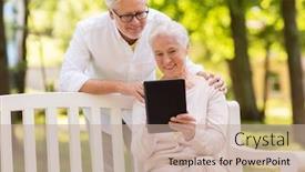  Presentation with old age - Colorful PPT theme enhanced with old age technology and people concept - happy senior couple with tablet pc computer at summer park backdrop and a coral colored foreground