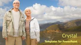  Presentation with old age - Slide deck consisting of old age tourism travel and people concept - happy senior couple holding hands over bixby creek bridge on big sur coast of california background background and a tawny brown colored foreground