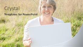  Presentation with old age - Amazing slide set having old age woman holding blank white sign backdrop and a lemonade colored foreground
