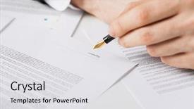  Presentation with contract - Presentation theme consisting of agreement statements - close up picture of man background and a light gray colored foreground