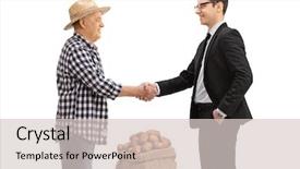  Presentation with shaking hands - PPT theme with farmer with a burlap sack background and a lemonade colored foreground