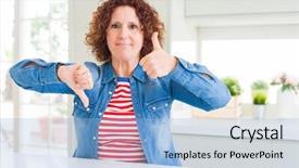  Presentation with curly hair - Presentation design enhanced with thumbs up and down disagreement background and a light blue colored foreground