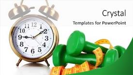  Presentation with tape measure - Presentation theme having old alarm-clock dumbbells and measure tape background and a white colored foreground