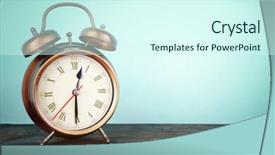  Presentation with old wooden table food - Cool new PPT theme with old alarm clock on wooden backdrop and a cool aqua colored foreground