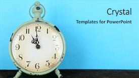  Presentation with alarm - Presentation theme having old alarm clock on wooden background and a  colored foreground
