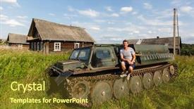  Presentation with armor - PPT theme featuring old all-terrain vehicle background and a tawny brown colored foreground