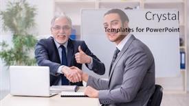  Presentation with old young - Amazing slide deck having old-and-young-businessmen backdrop and a light gray colored foreground