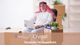  Presentation with arab israeli conflict - Slide deck enhanced with old-arab-businessman-in-office background and a coral colored foreground