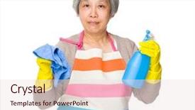  Presentation with plastic bottle - Presentation theme consisting of old asian housewife hold with rag and plastic bottle background and a lemonade colored foreground