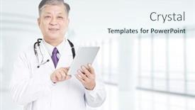  Presentation with asian doctor - Slides with old asian man doctor in white uniform using tablet background and a sky blue colored foreground