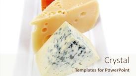  Presentation with blue orange white - Slide deck consisting of old blue stilton roquefort with orange cheddar and yellow parmesan on plate with isolated over white background background and a lemonade colored foreground