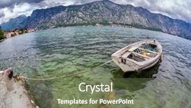  Presentation with sea weather - Slide deck consisting of old boat in the sea with the sea and mountains in gloomy weather background and a tawny brown colored foreground