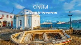  Presentation with greek - PPT theme featuring old-boat-with-greek-church background and a teal colored foreground