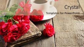  Presentation with feather and old book - PPT theme featuring old book with beautiful roses background and a coral colored foreground