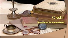  Presentation with pile - Beautiful PPT layouts featuring old books and different things backdrop and a tawny brown colored foreground