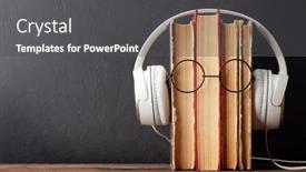  Presentation with eyeglasses - Presentation design featuring old-books-headphones-and-eyeglasses background and a dark gray colored foreground
