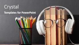  Presentation with eyeglasses - Presentation design with old-books-headphones-and-eyeglasses background and a gray colored foreground