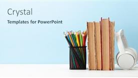  Presentation with headphones - Presentation theme with old-books-headphones-and-pencils background and a sky blue colored foreground