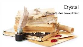  Presentation with old books pen - Cool new slide deck with old books letters and feather backdrop and a white colored foreground