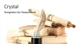  Presentation with old books pen - Colorful PPT layouts enhanced with old books letters and feather backdrop and a white colored foreground