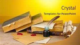  Presentation with old books pen - Presentation theme enhanced with old books scrolls feather pen background and a light gray colored foreground