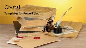  Presentation with old feather pen - Theme with old books scrolls feather pen background and a yellow colored foreground