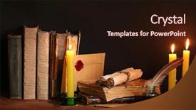  Presentation with old books pen - PPT theme featuring old books scrolls feather pen background and a wine colored foreground