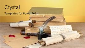  Presentation with old feather pen - Slide deck having old books scrolls feather pen background and a yellow colored foreground