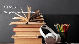  Presentation with education supplies - Presentation theme enhanced with old-books-supplies-and-headphones background and a gray colored foreground