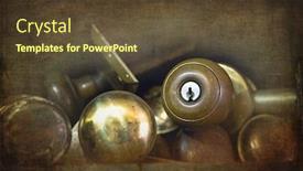  Presentation with old - Audience pleasing presentation design consisting of old brass door knobs discarded on a shelf in a workshop textured and filtered to look like an old faded photograph backdrop and a tawny brown colored foreground